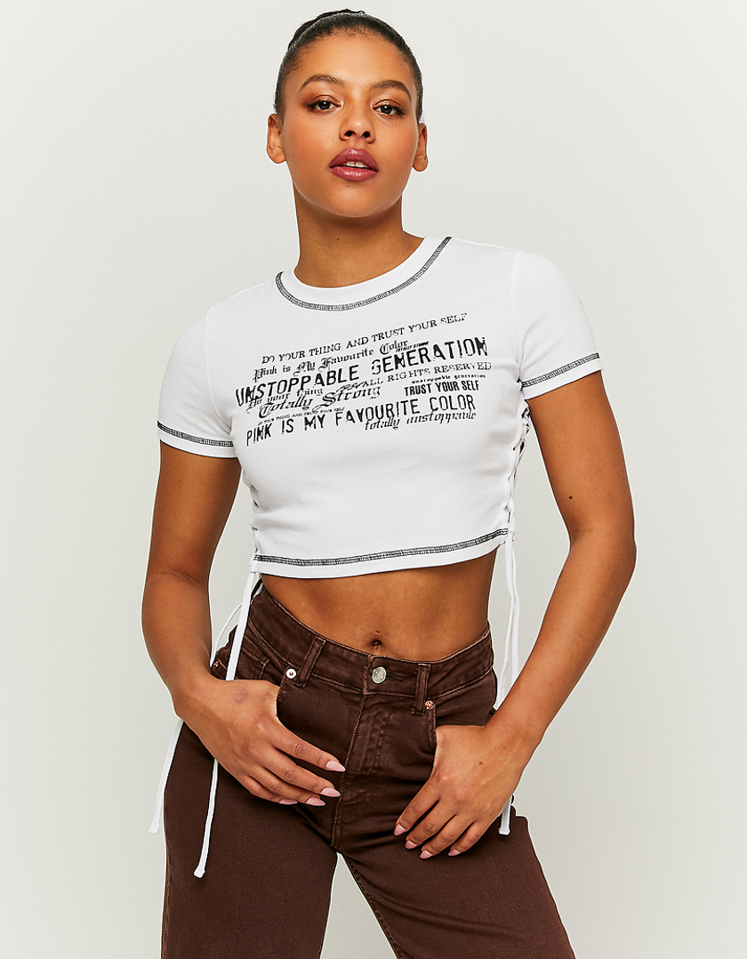 TALLY WEiJL, Weißes bedrucktes T-Shirt mit seitlichen Rüschen for Women