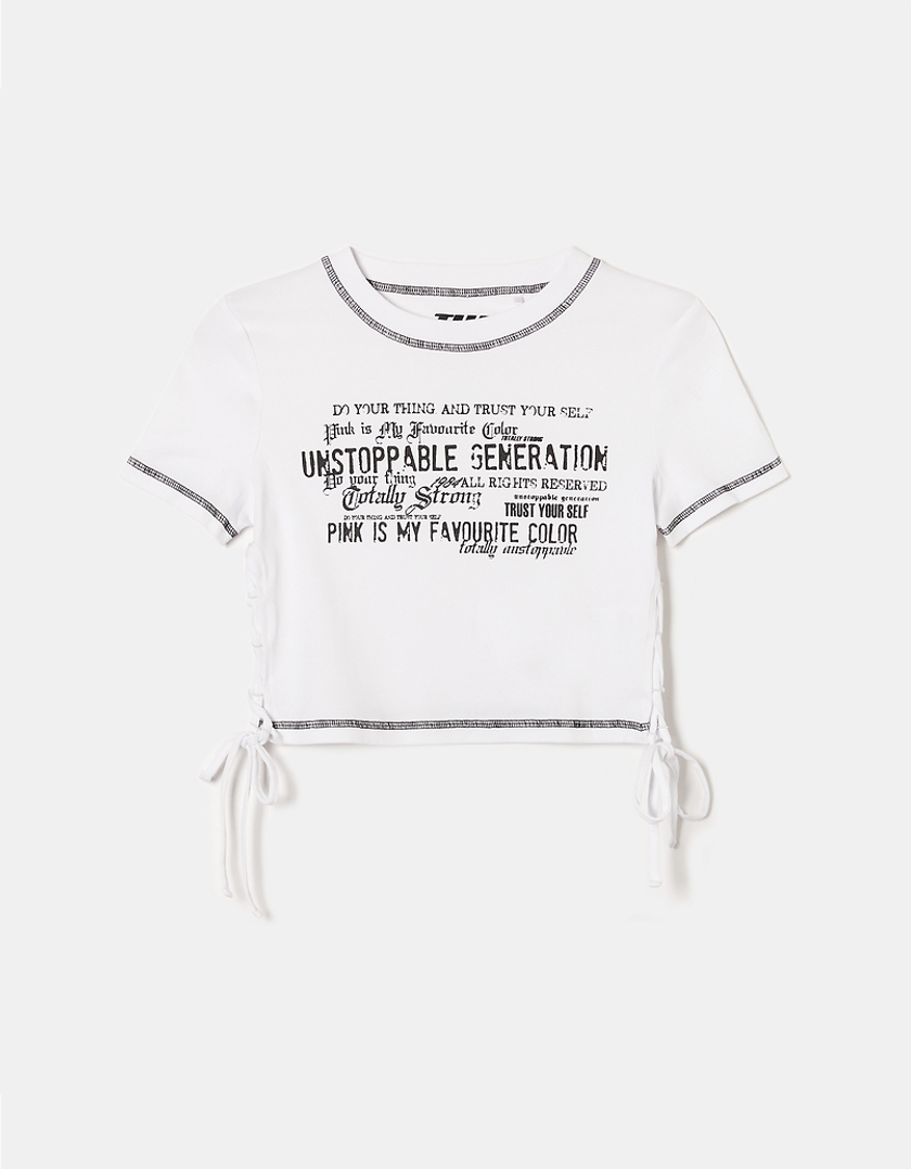 TALLY WEiJL, White Printed Lateral Ruched T-shirt for Women