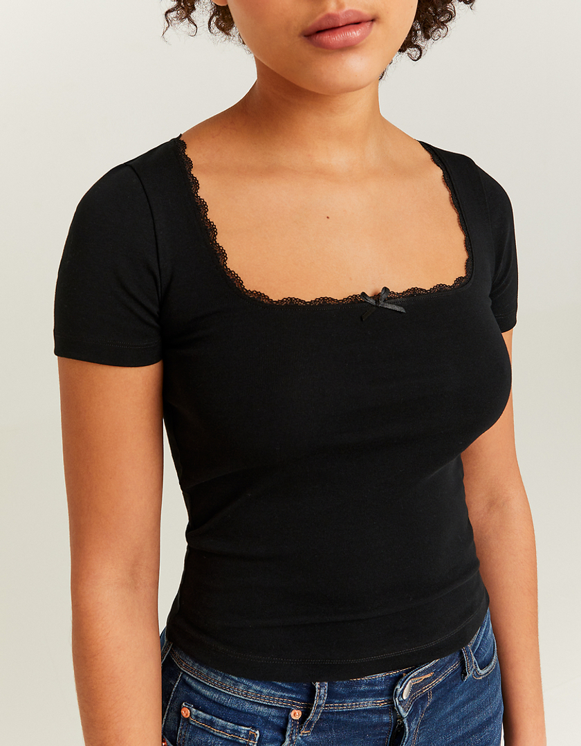 TALLY WEiJL, Schwarzes Basic T-Shirt mit Spitzenausschnitt for Women