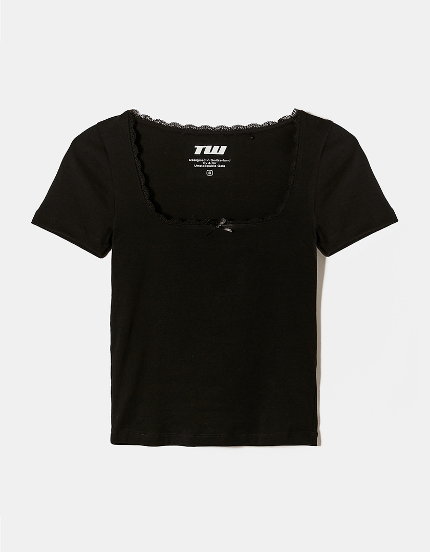 TALLY WEiJL, Black Basic T-shirt with Lace Neckline Detail for Women