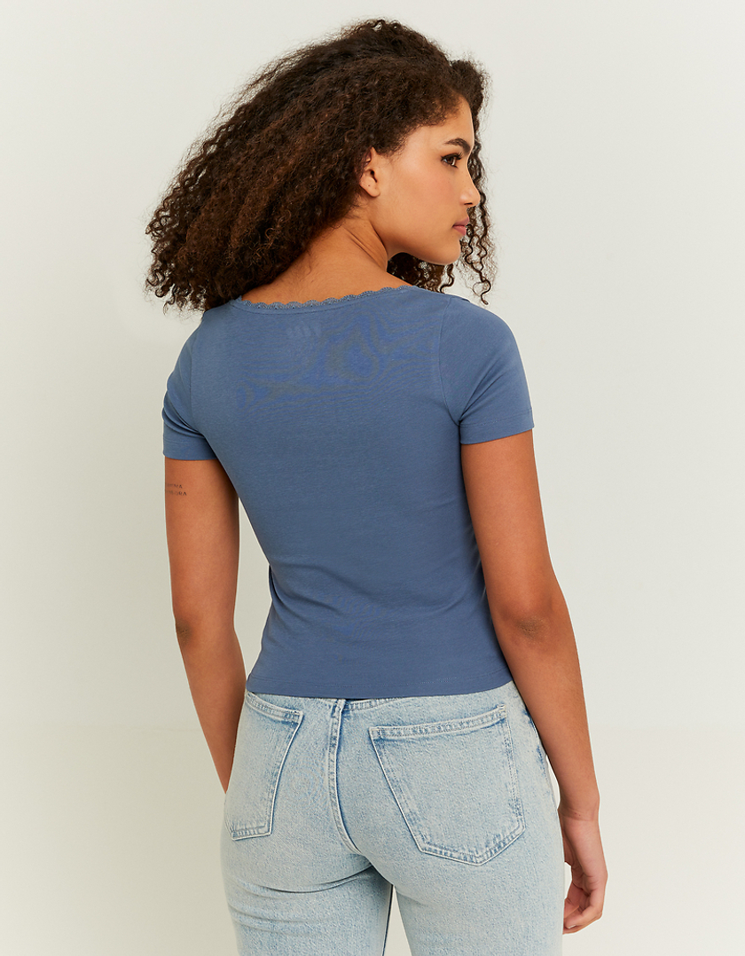 TALLY WEiJL, Blue Basic T-shirt with Lace Neckline Detail for Women