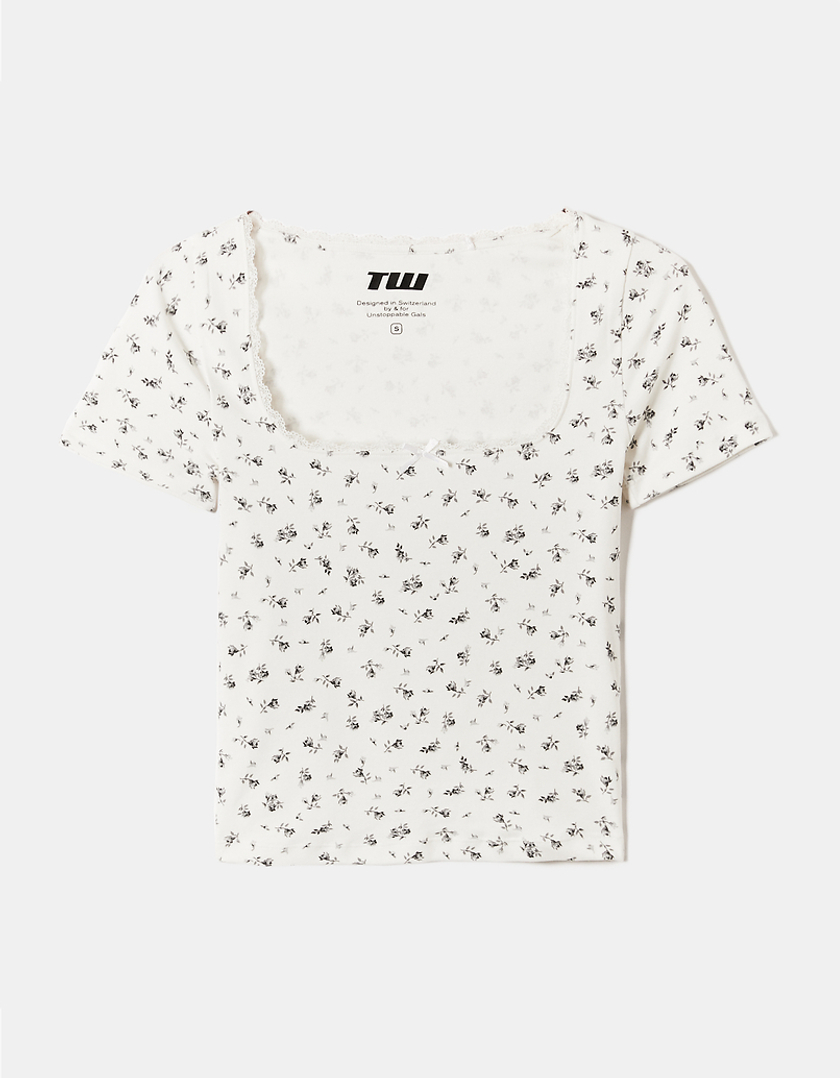 TALLY WEiJL, T-shirt Basica a Fiori con Scollatura in Pizzo for Women