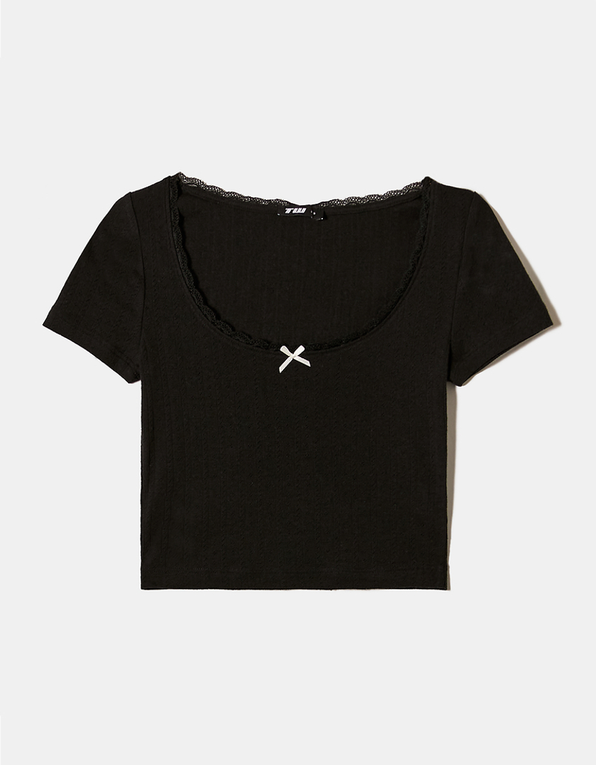 TALLY WEiJL, T-shirt noir basique en pointelle avec détails romantiques for Women