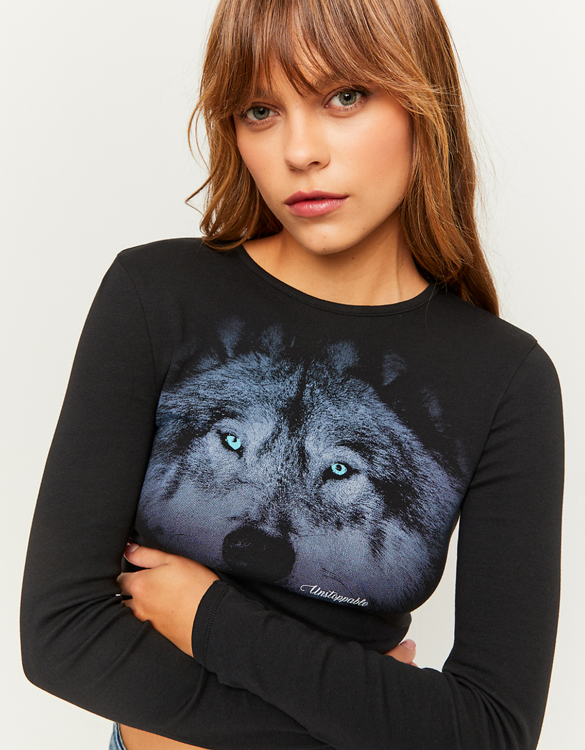 TALLY WEiJL, Black Printed Long Sleeves T-Shirt for Women
