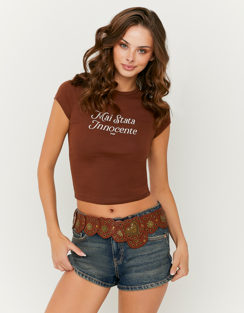 T-shirt marrone in cotone con stampa