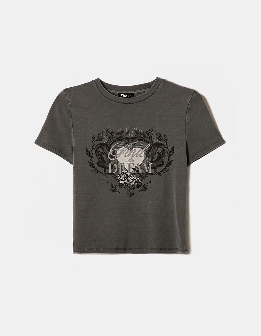 TALLY WEiJL, Grey Acid Wash Printed T-shirt for Women