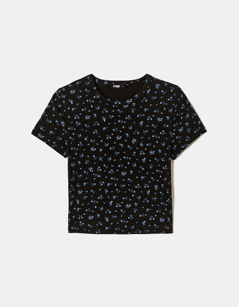 TALLY WEiJL, Black Floral Ribbed Basic T-shirt for Women