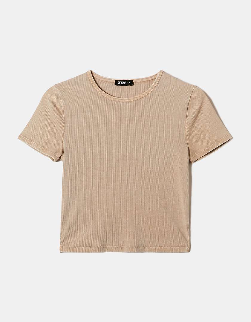 TALLY WEiJL, T-shirt Basica a Costine Beige Effetto Acid Wash for Women