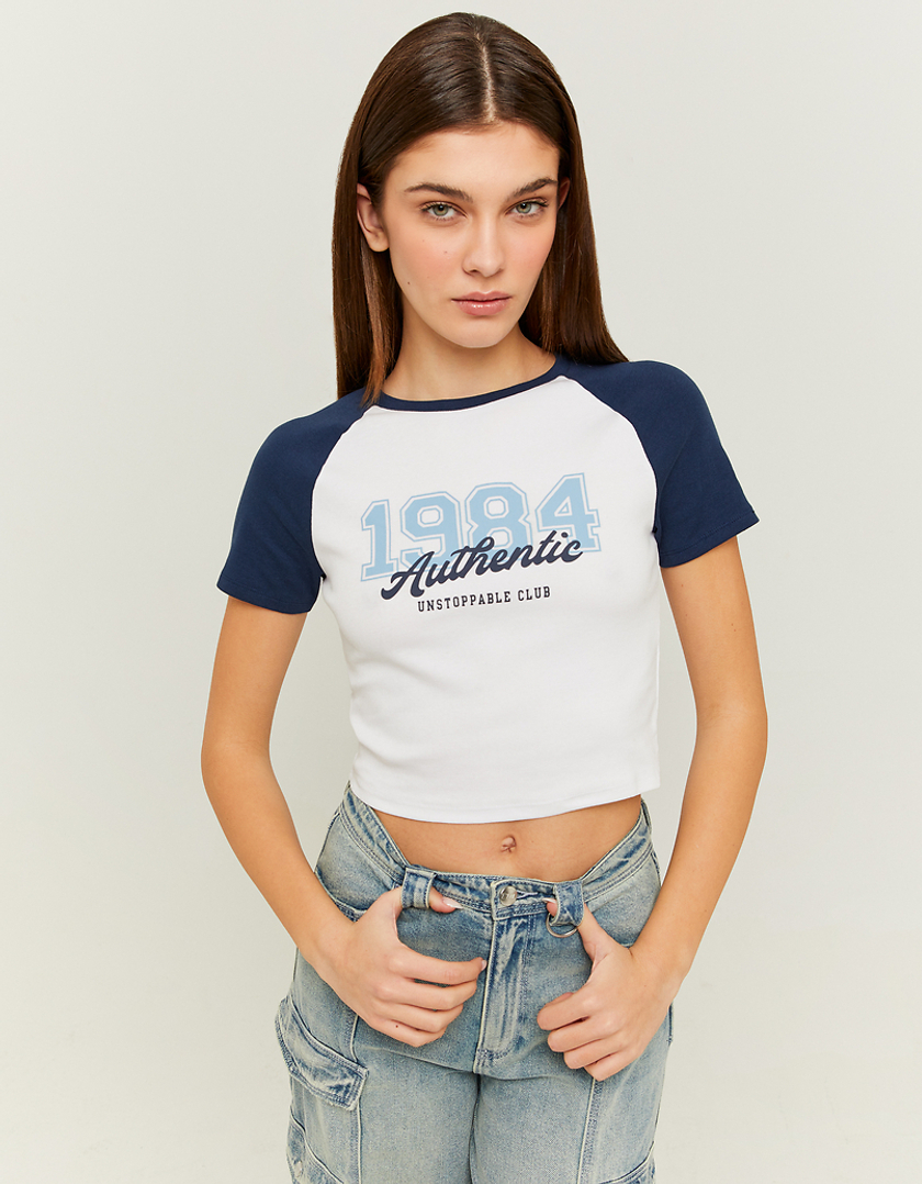 TALLY WEiJL, T-shirt court avec impression varsity bleue for Women