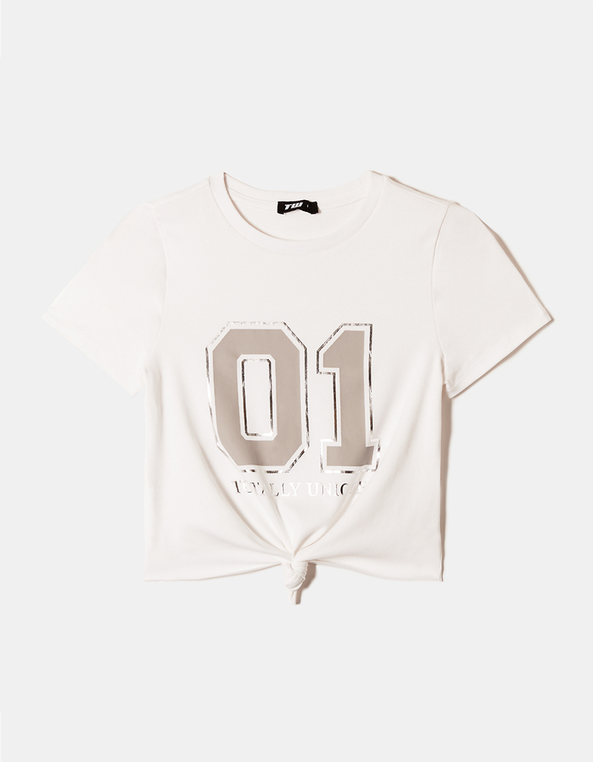 TALLY WEiJL, T-Shirt Imprimé Blanc avec Nœud à l'Avant for Women