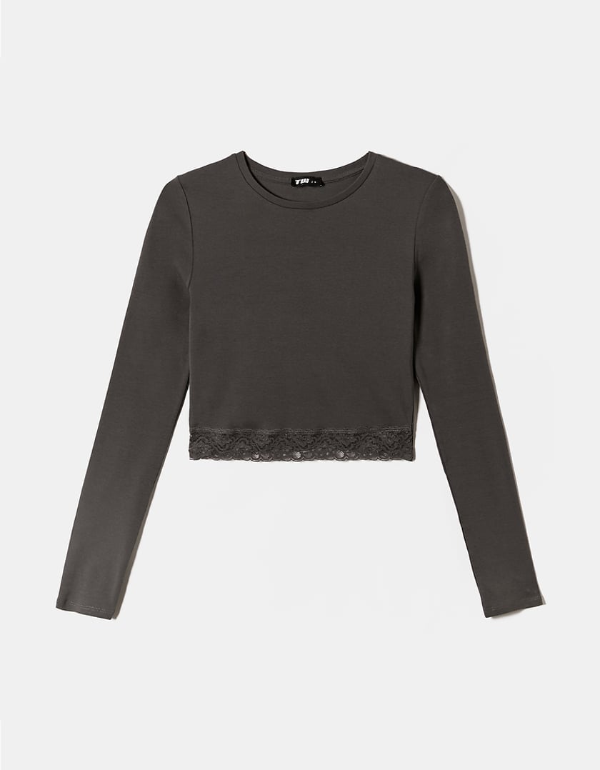 TALLY WEiJL, Grey Cropped Basic T-shirt with Lace Detail for Women