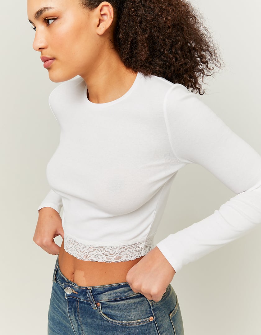 TALLY WEiJL, White Cropped Basic T-shirt with Lace Detail for Women