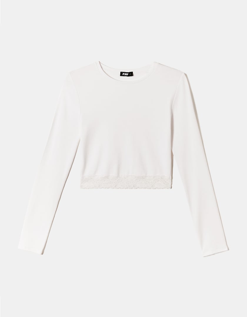 TALLY WEiJL, White Cropped Basic T-shirt with Lace Detail for Women