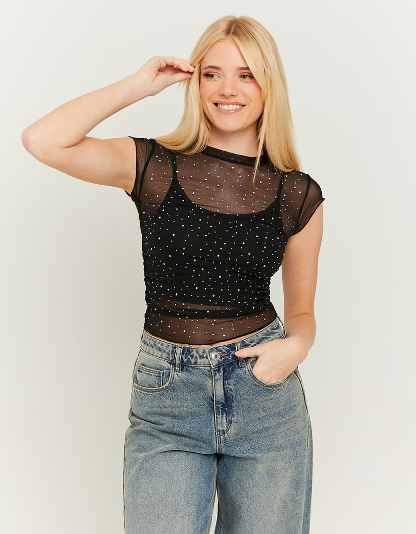 TALLY WEiJL, Black Mesh Loose Top with Strass for Women