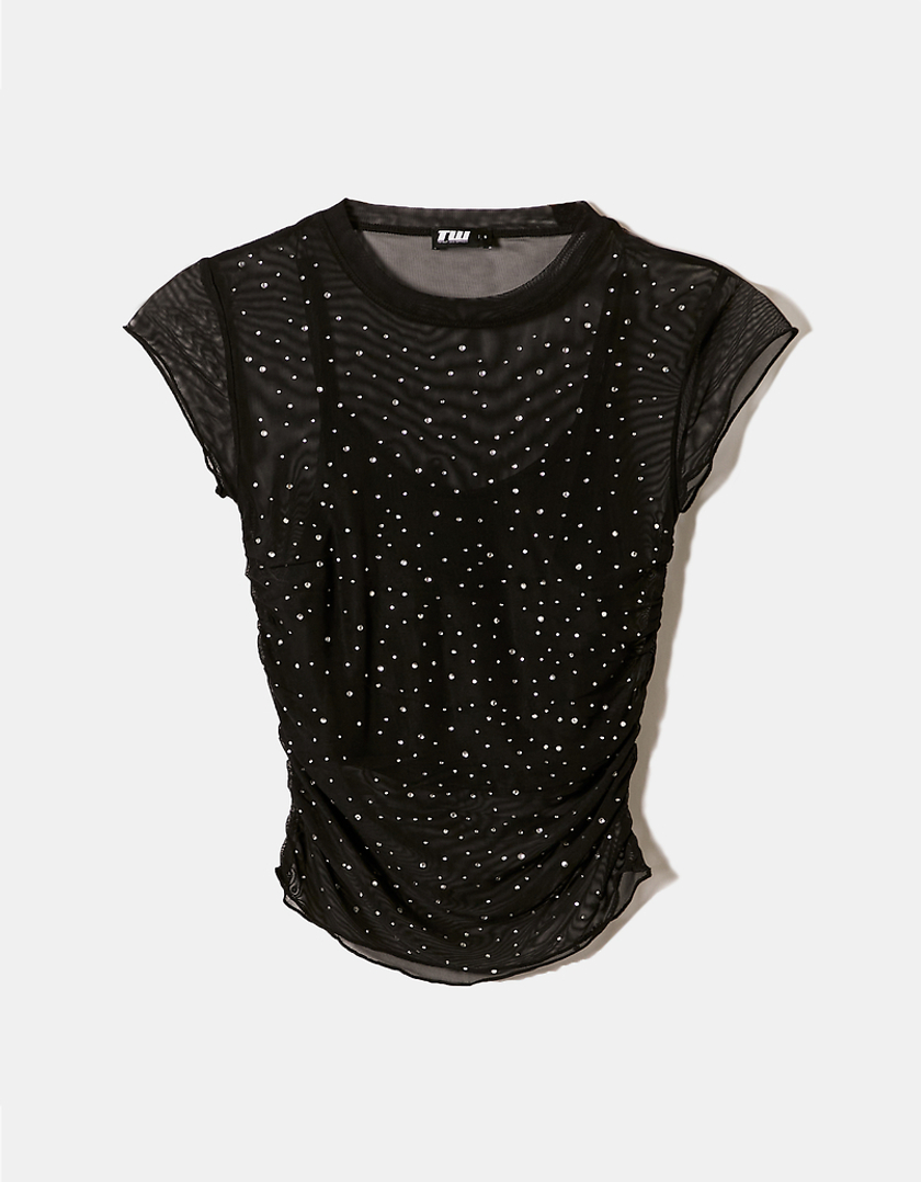 TALLY WEiJL, Black Mesh Loose Top with Strass for Women
