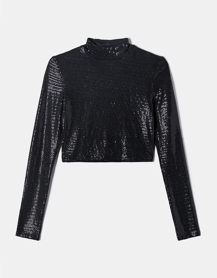 TALLY WEiJL, Black Sequins Cropped Top for Women
