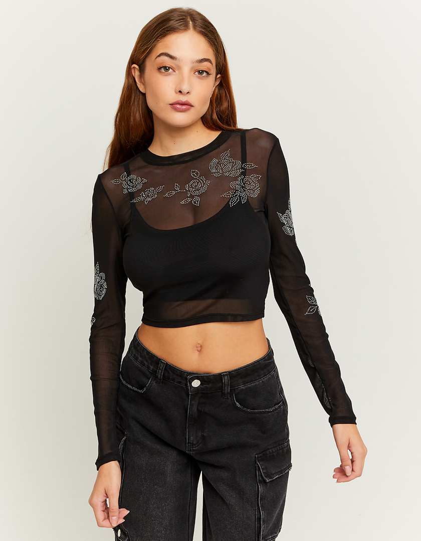 TALLY WEiJL, Black Mesh Cropped Top with Strass for Women