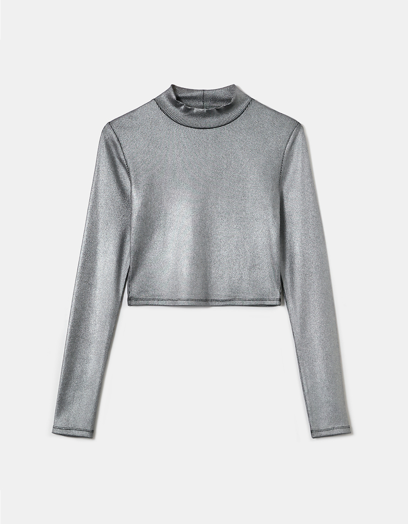 TALLY WEiJL, Silver Reflective Long Sleeves Cropped Top for Women