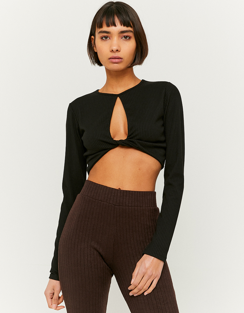 TALLY WEiJL, Black Long Sleeves Crop Top with Cut Out for Women