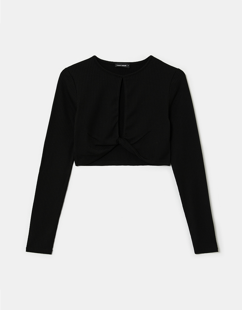 TALLY WEiJL, Black Long Sleeves Crop Top with Cut Out for Women