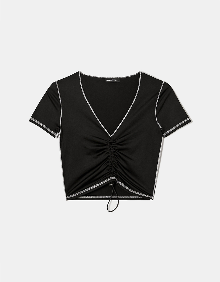TALLY WEiJL, Black Ruched Short Sleeves Top for Women