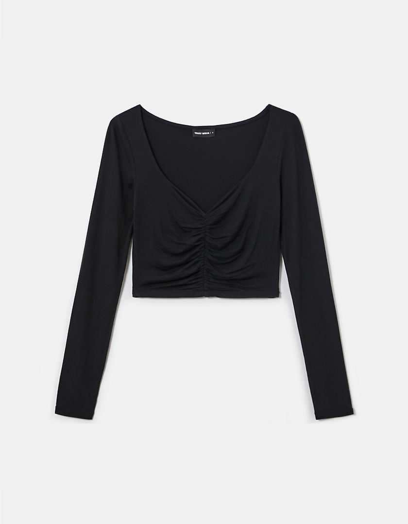 TALLY WEiJL, Black Pleated Long Sleeves Top for Women