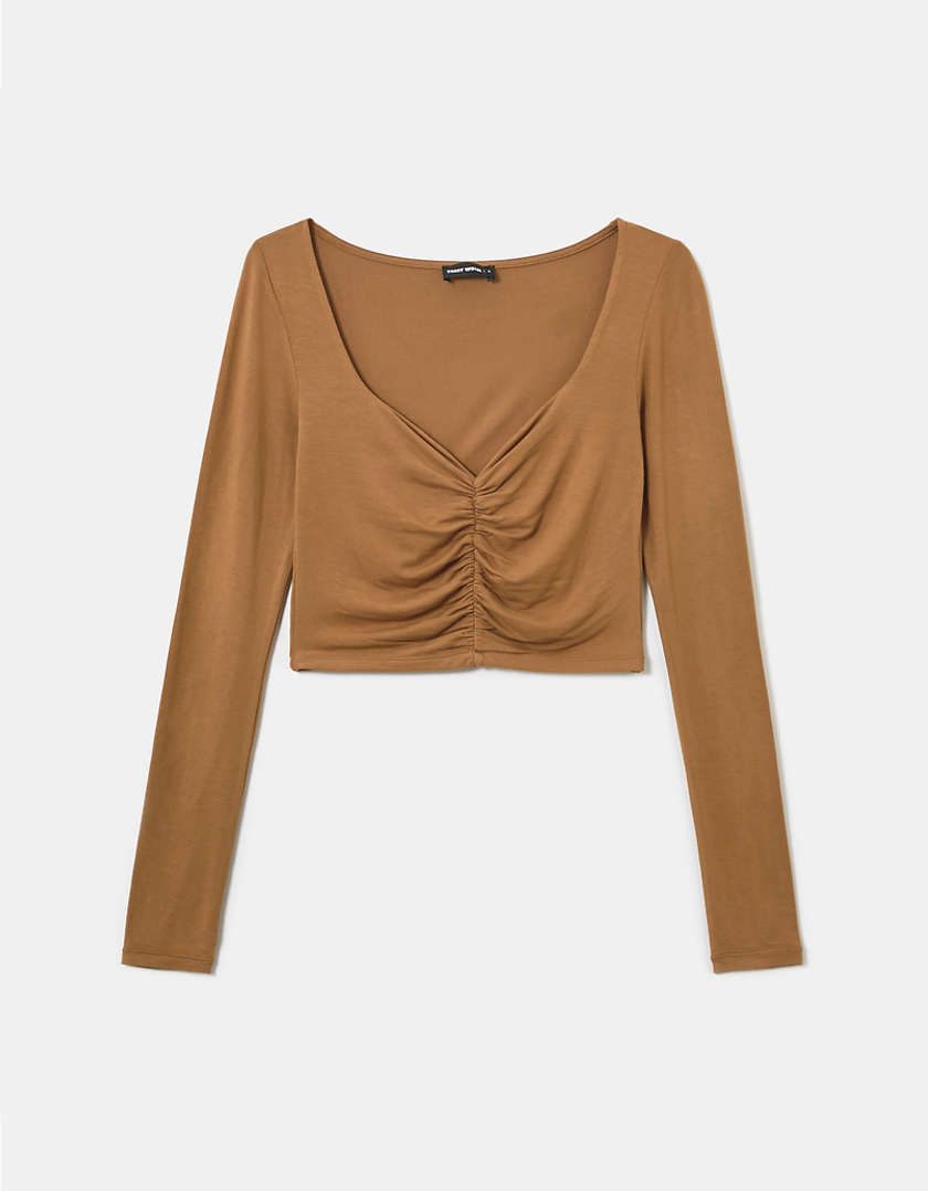 TALLY WEiJL, Brown Pleated Long Sleeves Top for Women