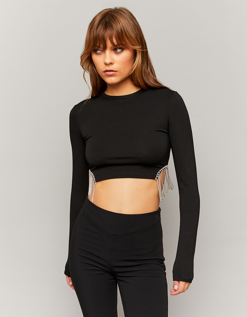 TALLY WEiJL, Black Cropped Top with Waterfall Strass for Women