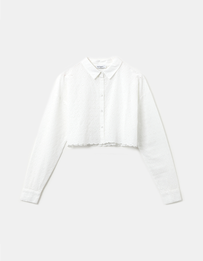 TALLY WEiJL, White Embroidery Cropped Shirt for Women